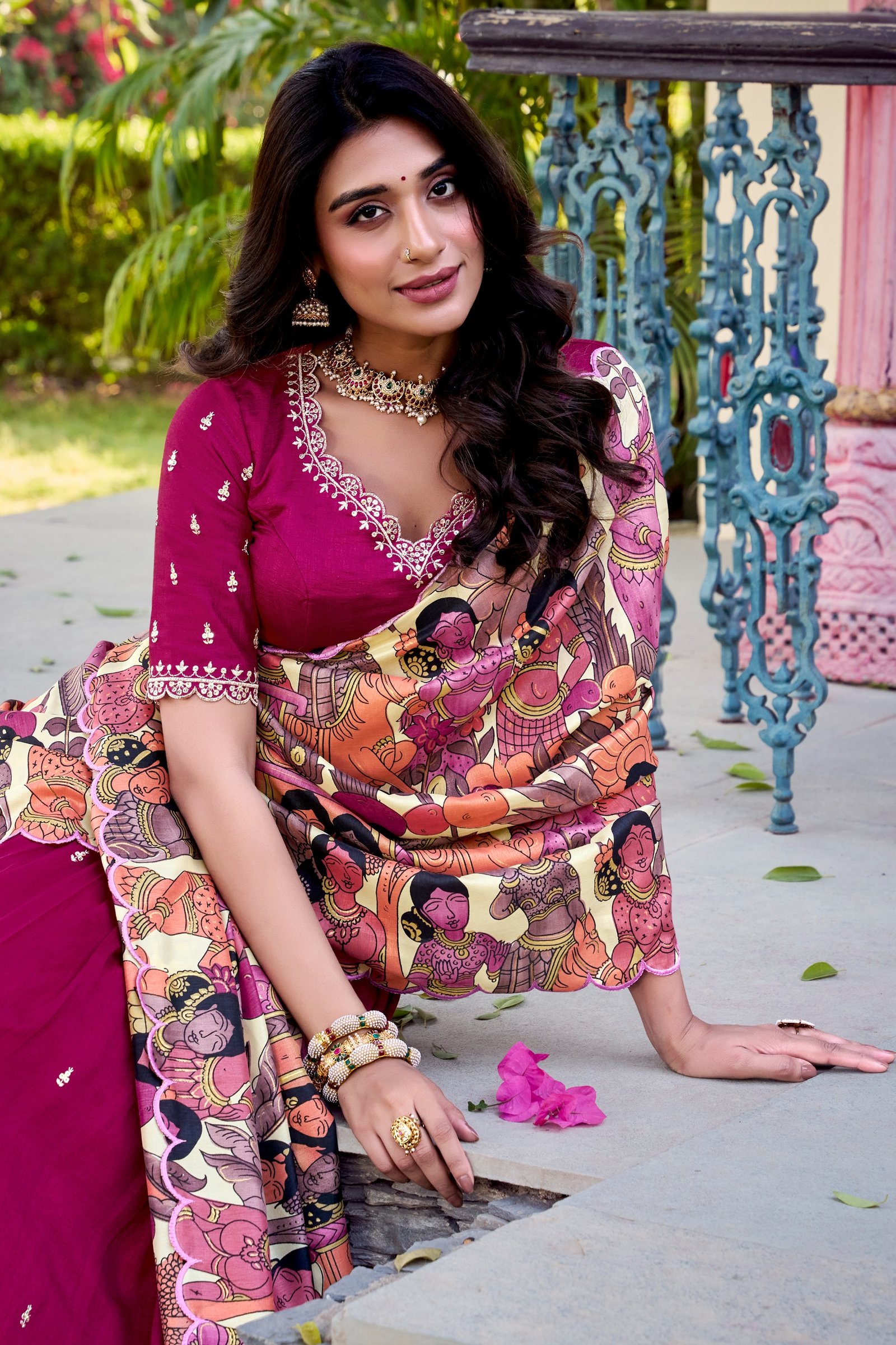 featuring premium tasar silk, detailed kalamkari prints, and an embroidered dupatta, this lehenga set is a perfect choice for refined festive styling. featuring premium tasar silk, detailed kalamkari prints, and an embroidered dupatta, this lehenga set is a perfect choice for refined festive styling.