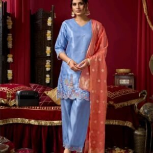 elegant embroidery on top pant: matching bottom and butti chanderi dupatta