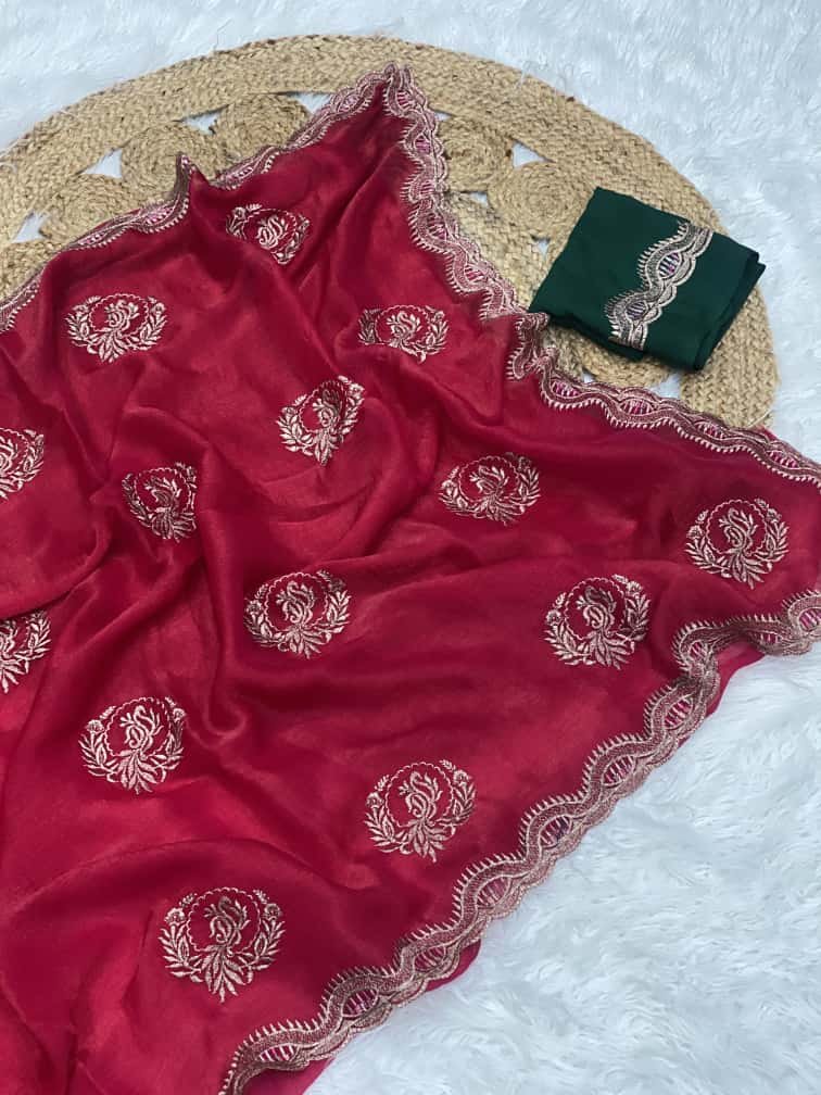 lightweight fendi chiffon saree complemented by a chinnor blouse, beautifully designed with reshma thread and jari embroidery work saree lightweight fendi chiffon saree complemented by a chinnor blouse, beautifully designed with reshma thread and jari embroidery work saree