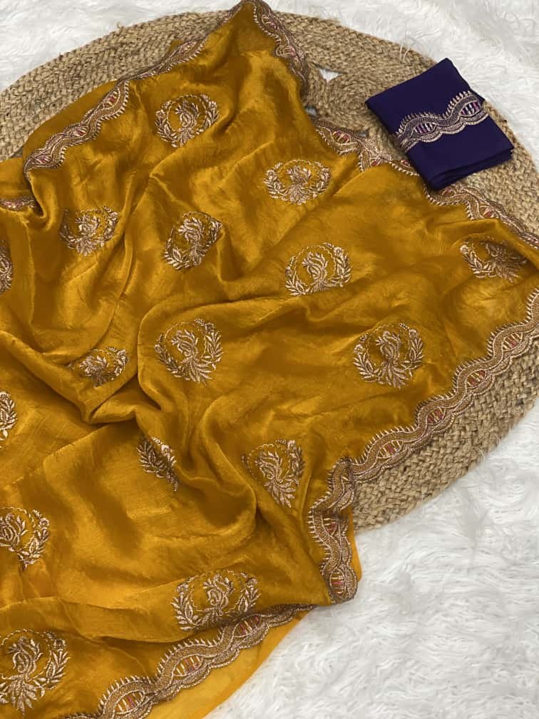 lightweight fendi chiffon saree complemented by a chinnor blouse, beautifully designed with reshma thread and jari embroidery work saree lightweight fendi chiffon saree complemented by a chinnor blouse, beautifully designed with reshma thread and jari embroidery work saree