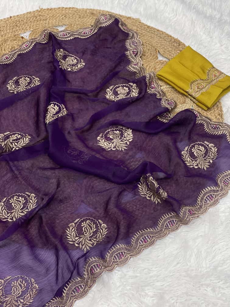 lightweight fendi chiffon saree complemented by a chinnor blouse, beautifully designed with reshma thread and jari embroidery work saree lightweight fendi chiffon saree complemented by a chinnor blouse, beautifully designed with reshma thread and jari embroidery work saree