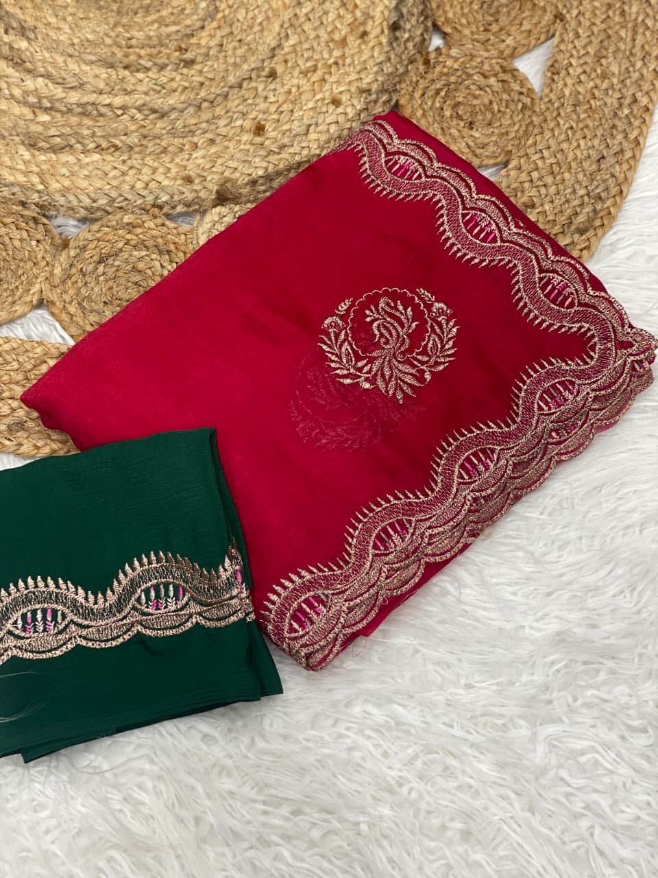 lightweight fendi chiffon saree complemented by a chinnor blouse, beautifully designed with reshma thread and jari embroidery work saree lightweight fendi chiffon saree complemented by a chinnor blouse, beautifully designed with reshma thread and jari embroidery work saree