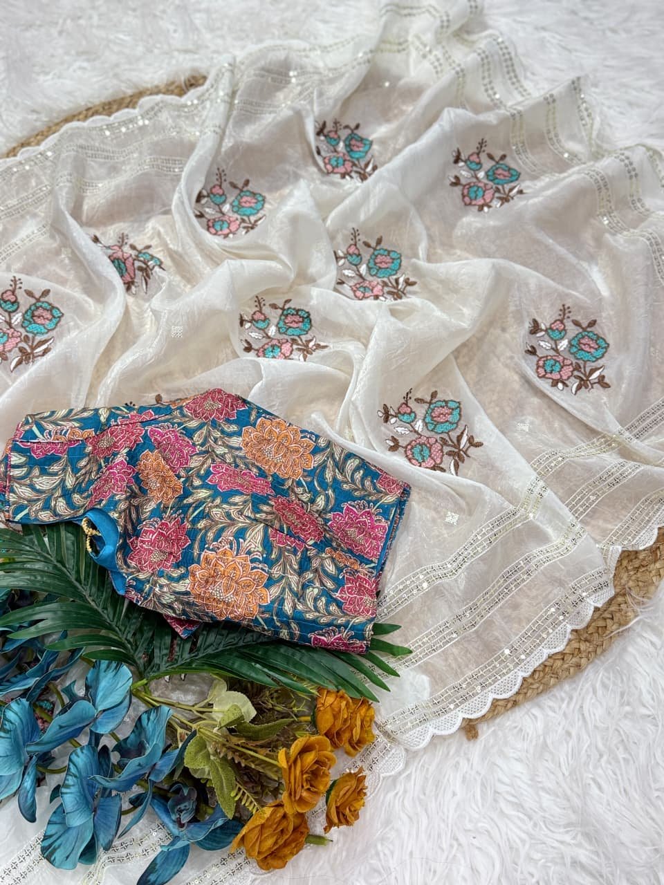 lightweight fendi chiffon saree complemented by a chinnor blouse, beautifully designed with reshma thread and jari embroidery work saree lightweight fendi chiffon saree complemented by a chinnor blouse, beautifully designed with reshma thread and jari embroidery work saree