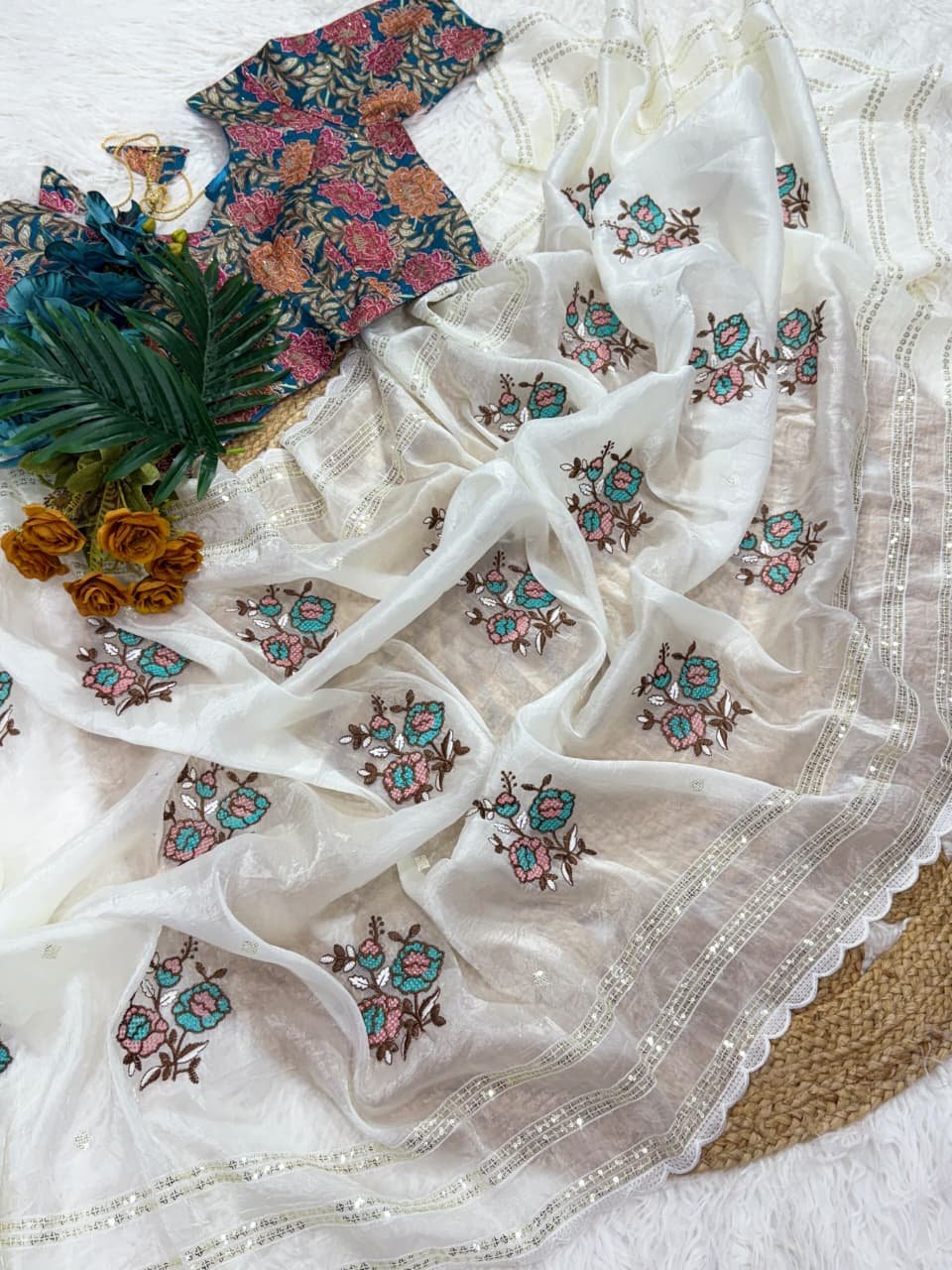 lightweight fendi chiffon saree complemented by a chinnor blouse, beautifully designed with reshma thread and jari embroidery work saree lightweight fendi chiffon saree complemented by a chinnor blouse, beautifully designed with reshma thread and jari embroidery work saree