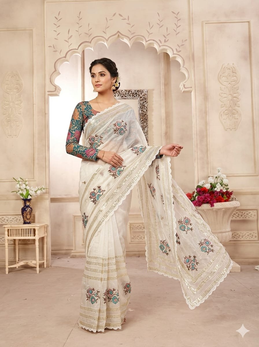 lightweight fendi chiffon saree complemented by a chinnor blouse, beautifully designed with reshma thread and jari embroidery work saree lightweight fendi chiffon saree complemented by a chinnor blouse, beautifully designed with reshma thread and jari embroidery work saree