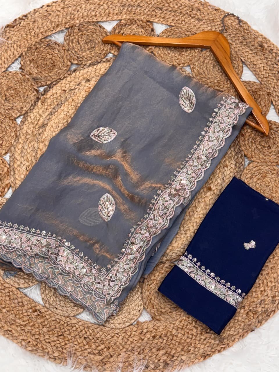 chinnon silk with embroidery work this fandy sartine resham thread and sequince embroidered saree chinnon silk with embroidery work this fandy sartine resham thread and sequince embroidered saree