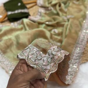 chinnon silk with embroidery work this fandy sartine resham thread and sequince embroidered saree