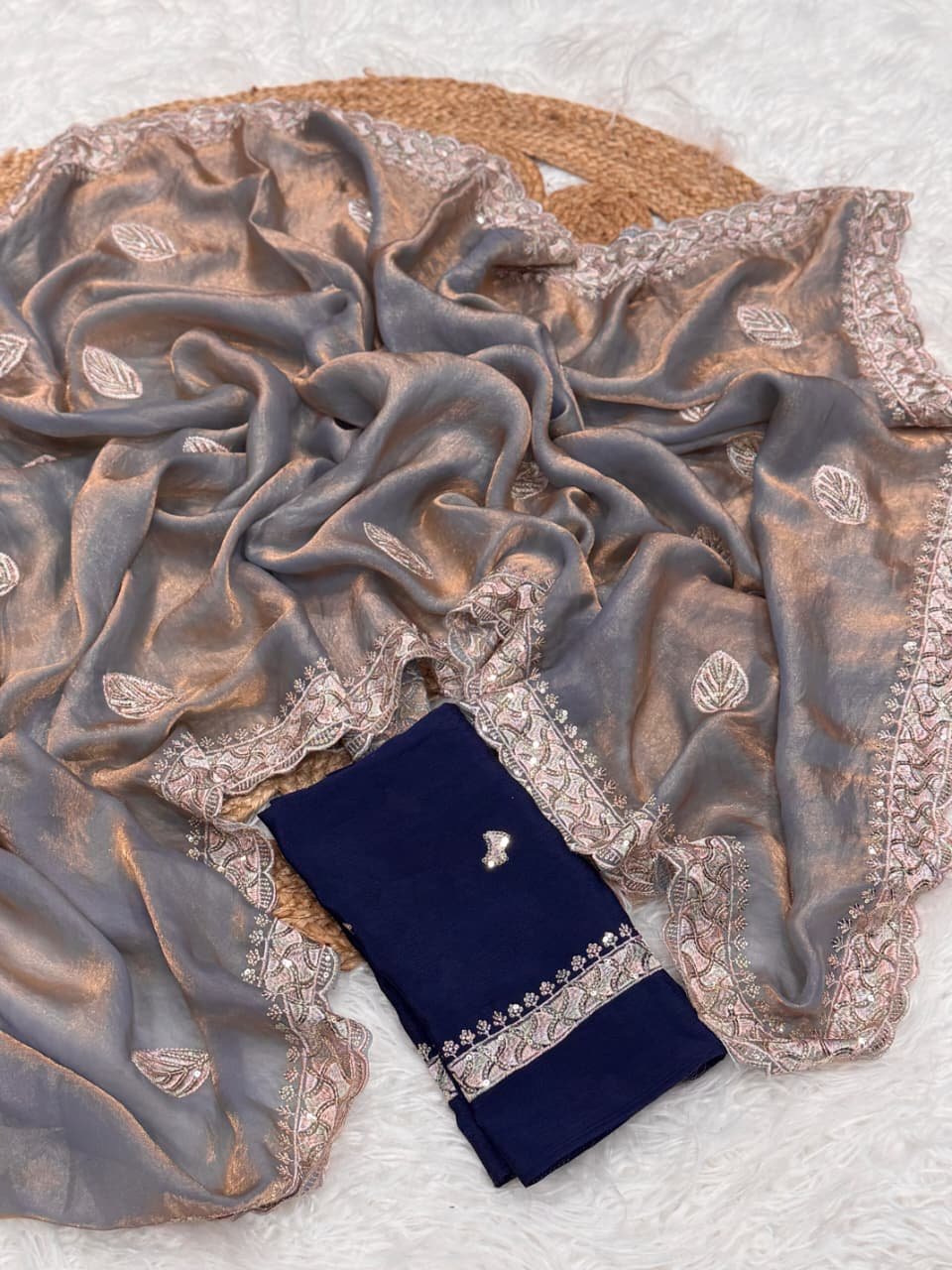 chinnon silk with embroidery work this fandy sartine resham thread and sequince embroidered saree chinnon silk with embroidery work this fandy sartine resham thread and sequince embroidered saree