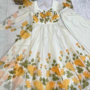 pure soft organja silk fabric fully flare kali pattern and canvas patta with dupatta set,pent ready to wear