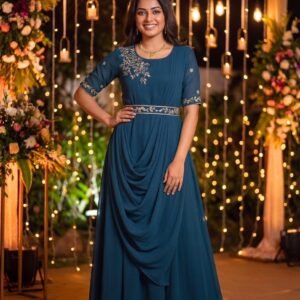 multi style flaired gowns with dupatta and belt with embroidery and hand work