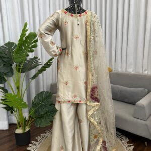 esigner kurta palazzo dupatta set heavy japan satin silk with embroidery sequence work