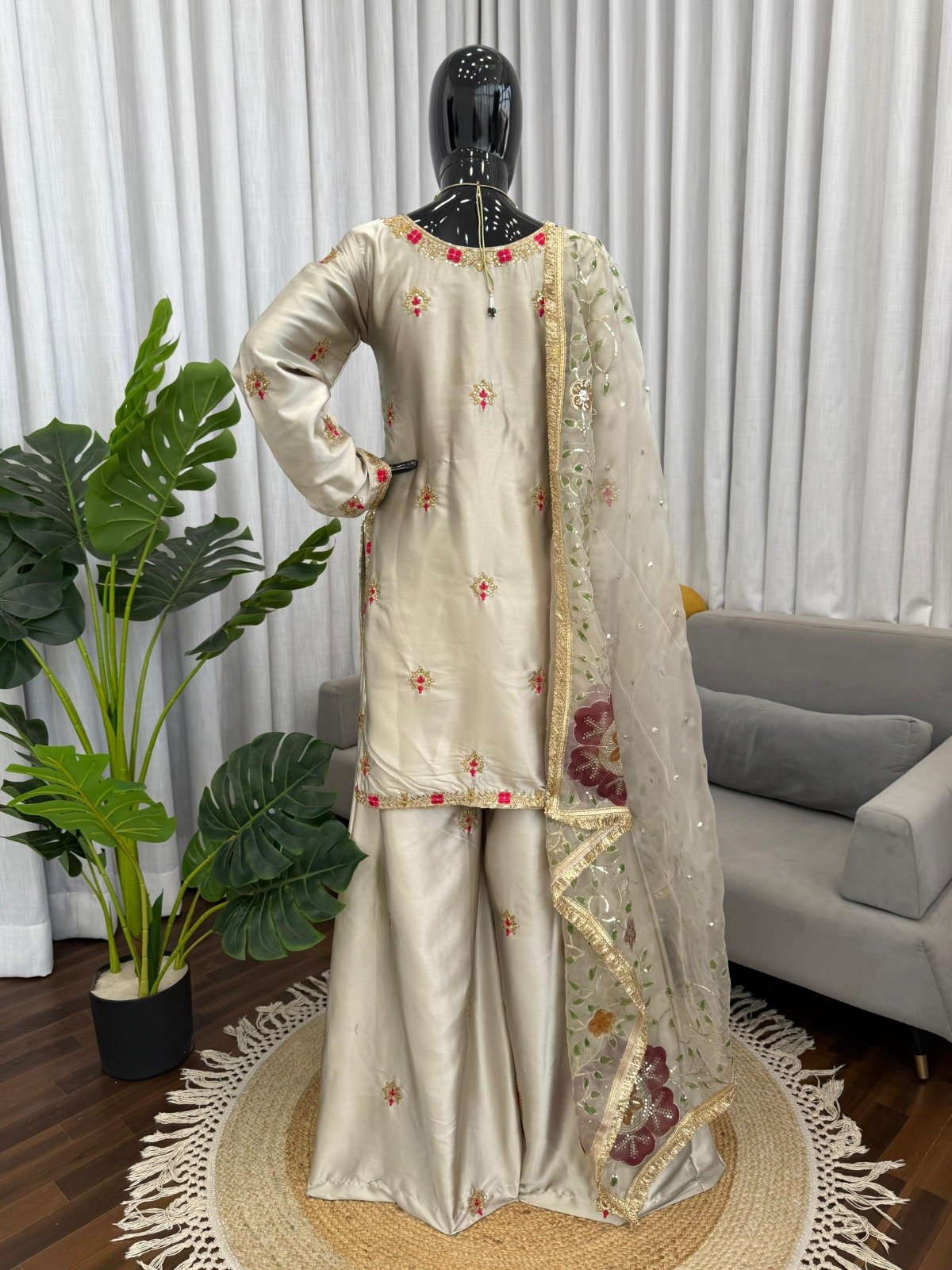 esigner kurta palazzo dupatta set heavy japan satin silk with embroidery sequence work esigner kurta palazzo dupatta set heavy japan satin silk with embroidery sequence work