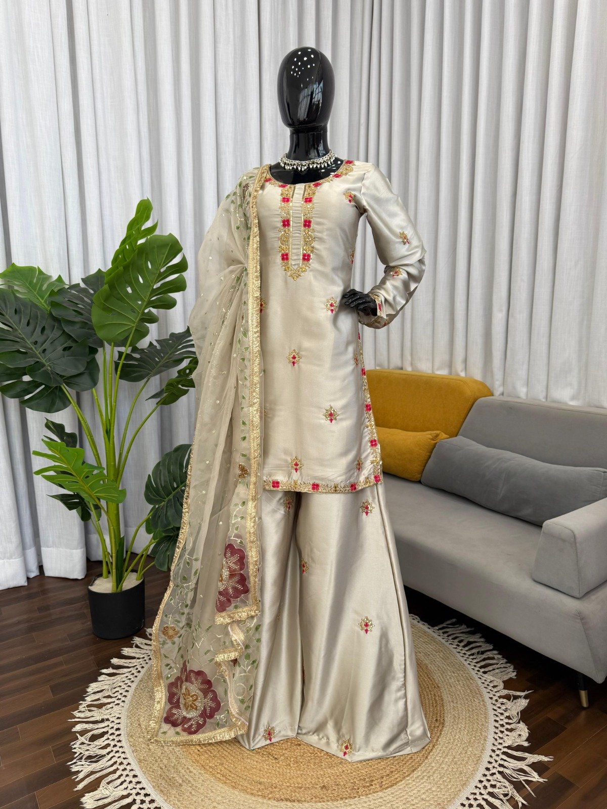 esigner kurta palazzo dupatta set heavy japan satin silk with embroidery sequence work esigner kurta palazzo dupatta set heavy japan satin silk with embroidery sequence work