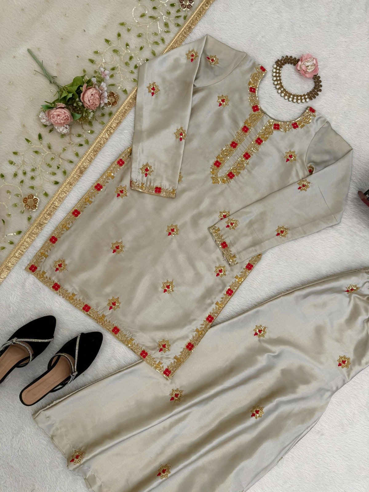 esigner kurta palazzo dupatta set heavy japan satin silk with embroidery sequence work esigner kurta palazzo dupatta set heavy japan satin silk with embroidery sequence work