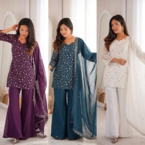new crunchy silk fabric with embroidery sequence and jari work,top with duppta set,bell bottom pent ready to wear