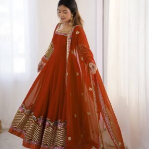presenting designer anarkali gown with embroidery sequence work