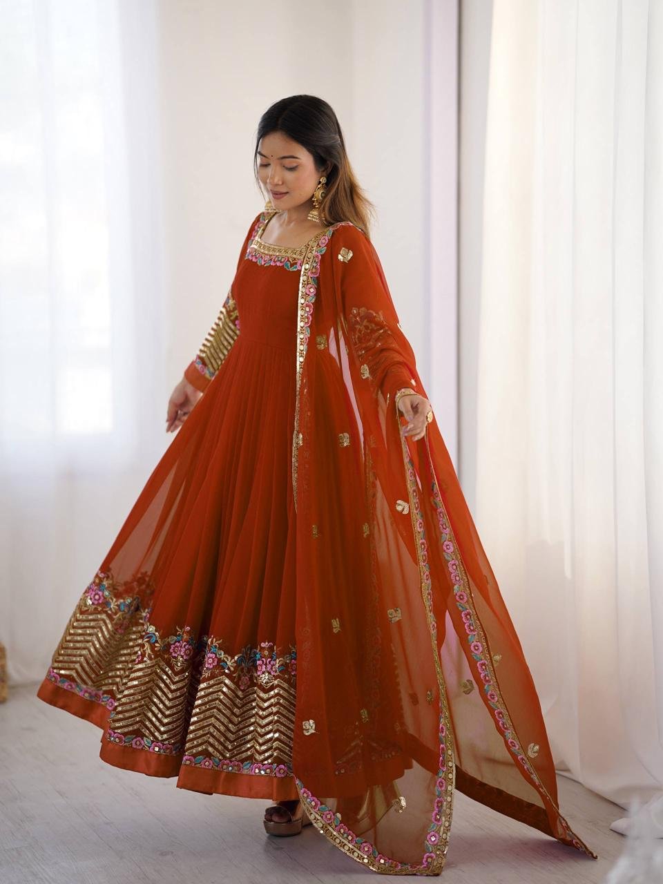 presenting designer anarkali gown with embroidery sequence work presenting designer anarkali gown with embroidery sequence work