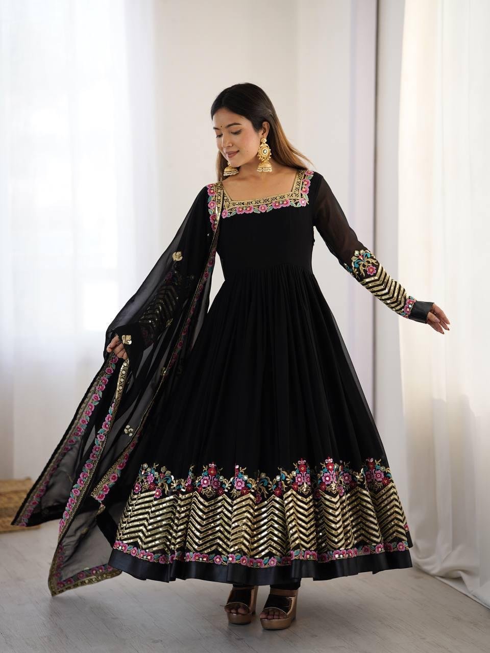 presenting designer anarkali gown with embroidery sequence work presenting designer anarkali gown with embroidery sequence work