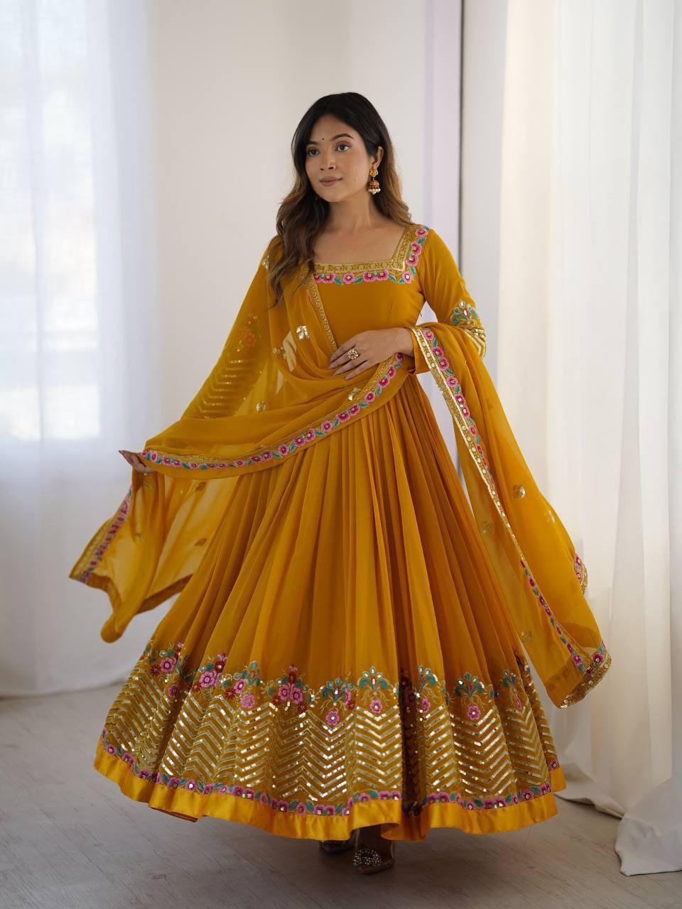 presenting designer anarkali gown with embroidery sequence work presenting designer anarkali gown with embroidery sequence work