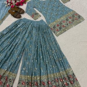 party wear look top sharara plazzo and dupatta set heavy chinnon silk m with embroidery sequence work