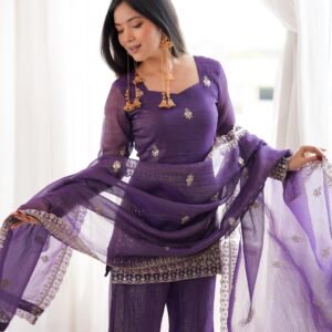 silk fabric with embroidery sequence and jari work,top with duppta set,bell bottom pent ready to wear
