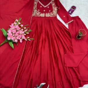 anarkali gown pent dupatta set heavy chinon silk with embroidery codding and sequence work and real mirror
