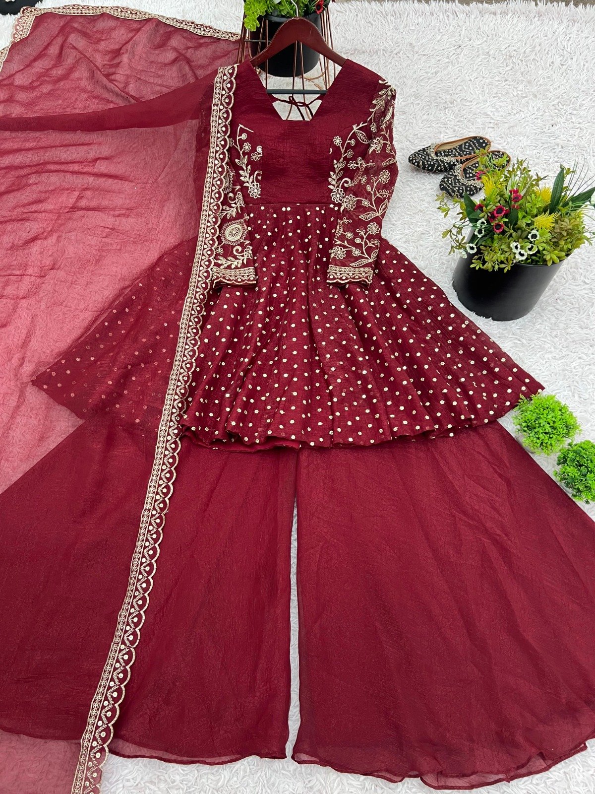 top palazzo dupatta set crunchy silk with embroidery sequence work top palazzo dupatta set crunchy silk with embroidery sequence work
