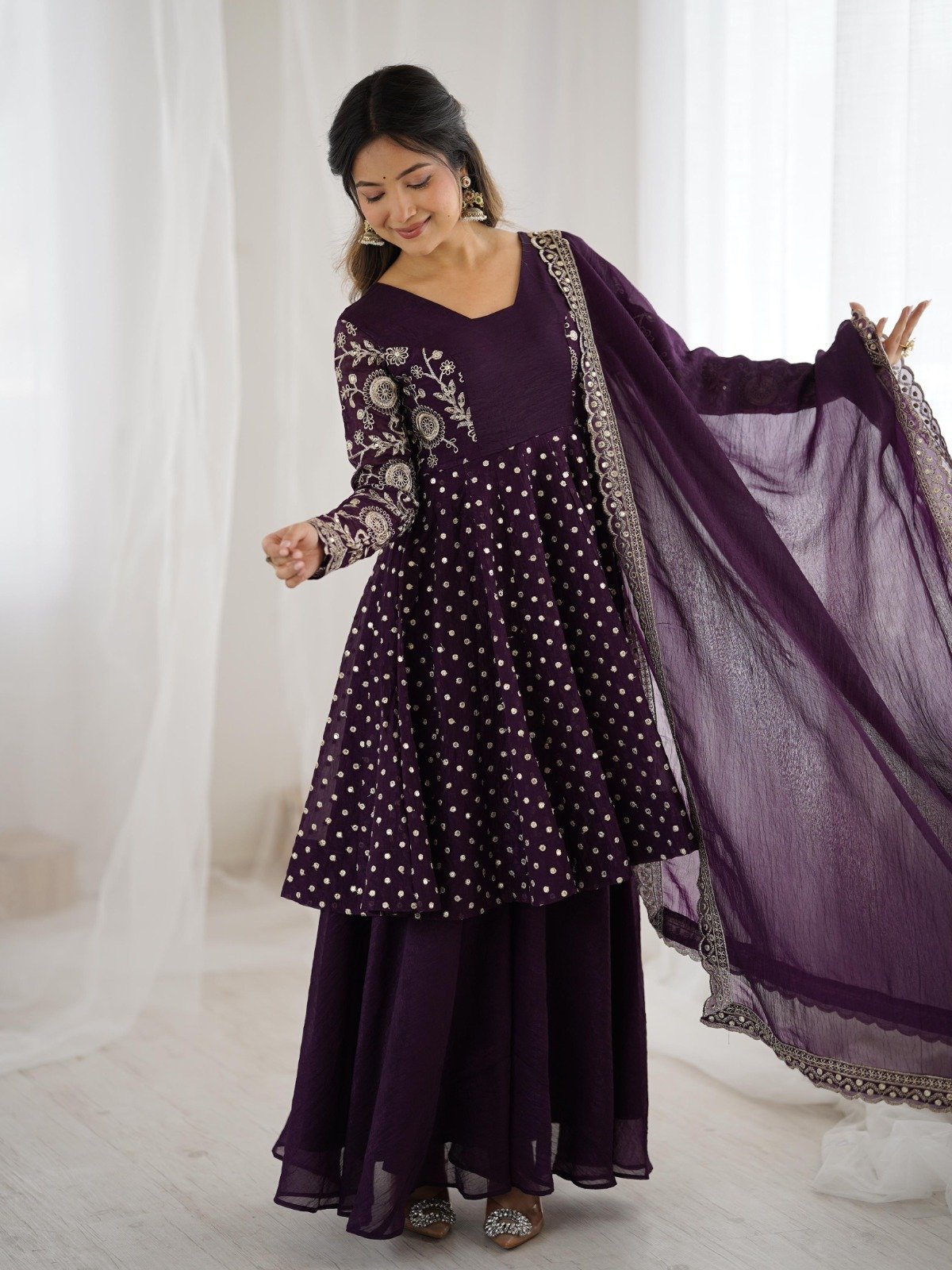 top palazzo dupatta set crunchy silk with embroidery sequence work top palazzo dupatta set crunchy silk with embroidery sequence work