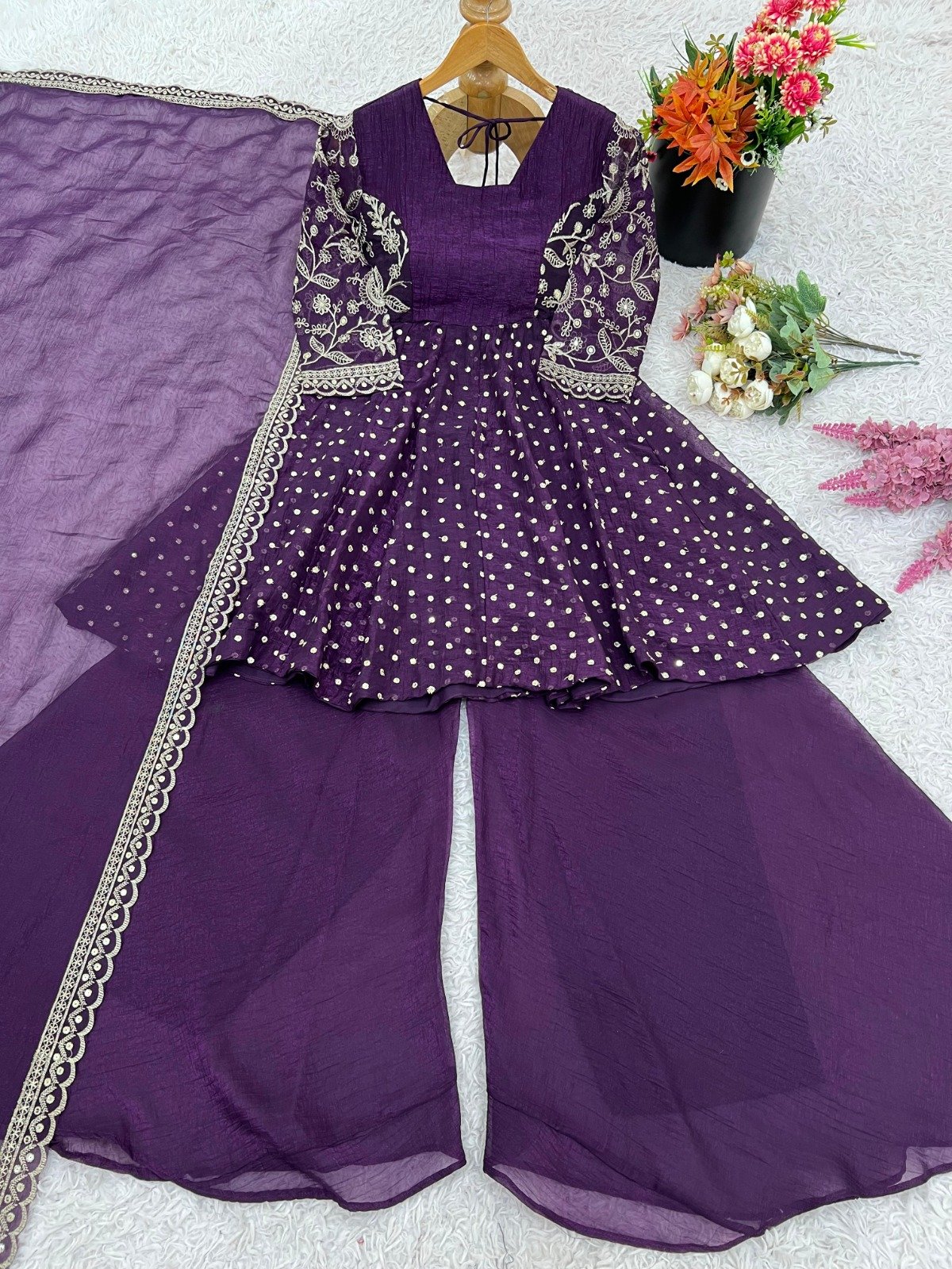top palazzo dupatta set crunchy silk with embroidery sequence work top palazzo dupatta set crunchy silk with embroidery sequence work