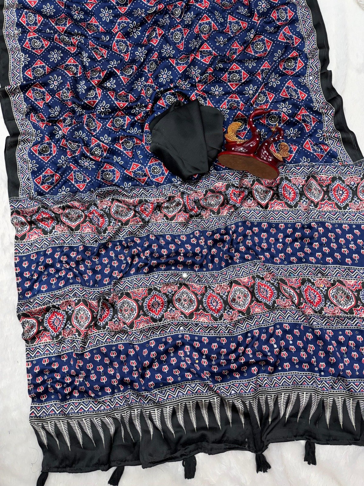 presenting most demanding saree soft japan satin ajarakh print with real mirror work presenting most demanding saree soft japan satin ajarakh print with real mirror work