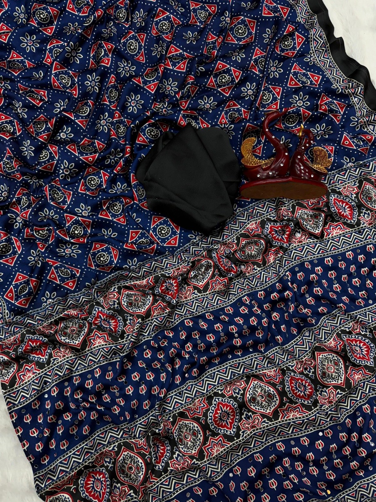 presenting most demanding saree soft japan satin ajarakh print with real mirror work presenting most demanding saree soft japan satin ajarakh print with real mirror work