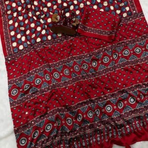 presenting most demanding saree soft japan satin ajarakh print with real mirror work