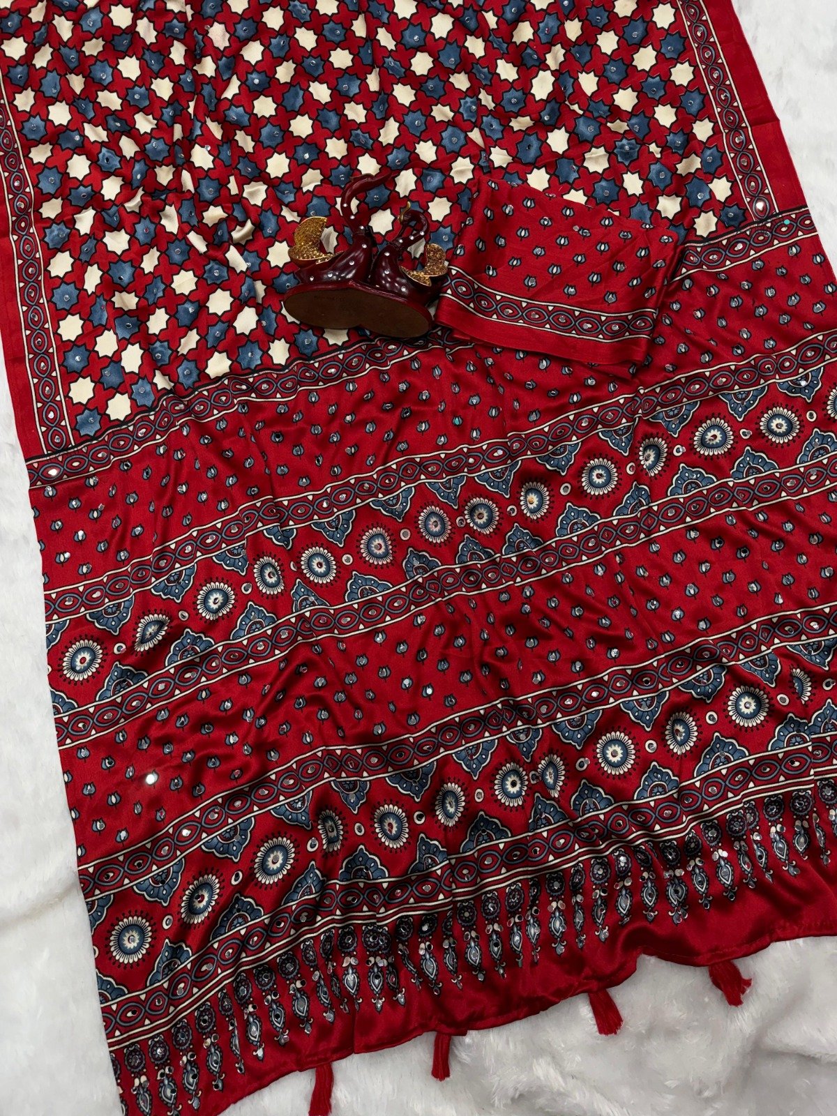 presenting most demanding saree soft japan satin ajarakh print with real mirror work presenting most demanding saree soft japan satin ajarakh print with real mirror work