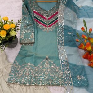 designer 3 piece kurti sharara dupatta set with embroidery seqance work