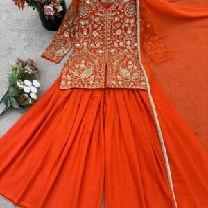party wear look pur heavy faux georgette top plazzo & dupatta set with embroidery seqance work