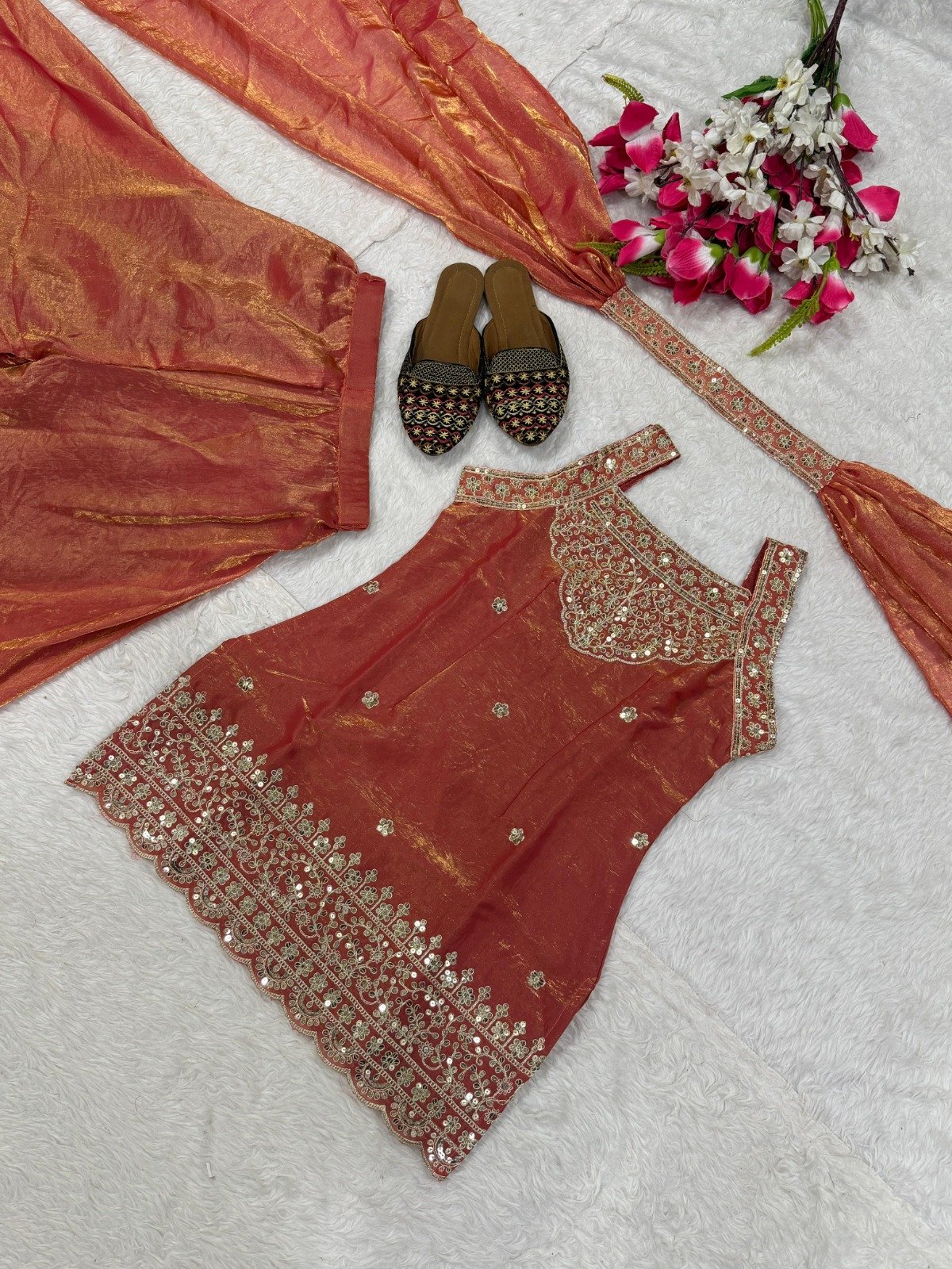 presenting top palazzo dupptta set heavy fandy silk with sequence embroidery work presenting top palazzo dupptta set heavy fandy silk with sequence embroidery work