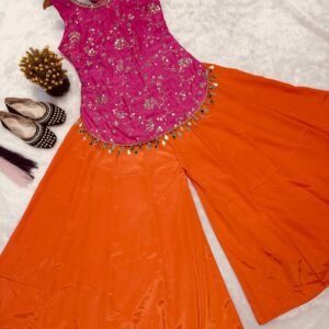 presenting top sharara dupatta set chinon silk with embroidery sequence work
