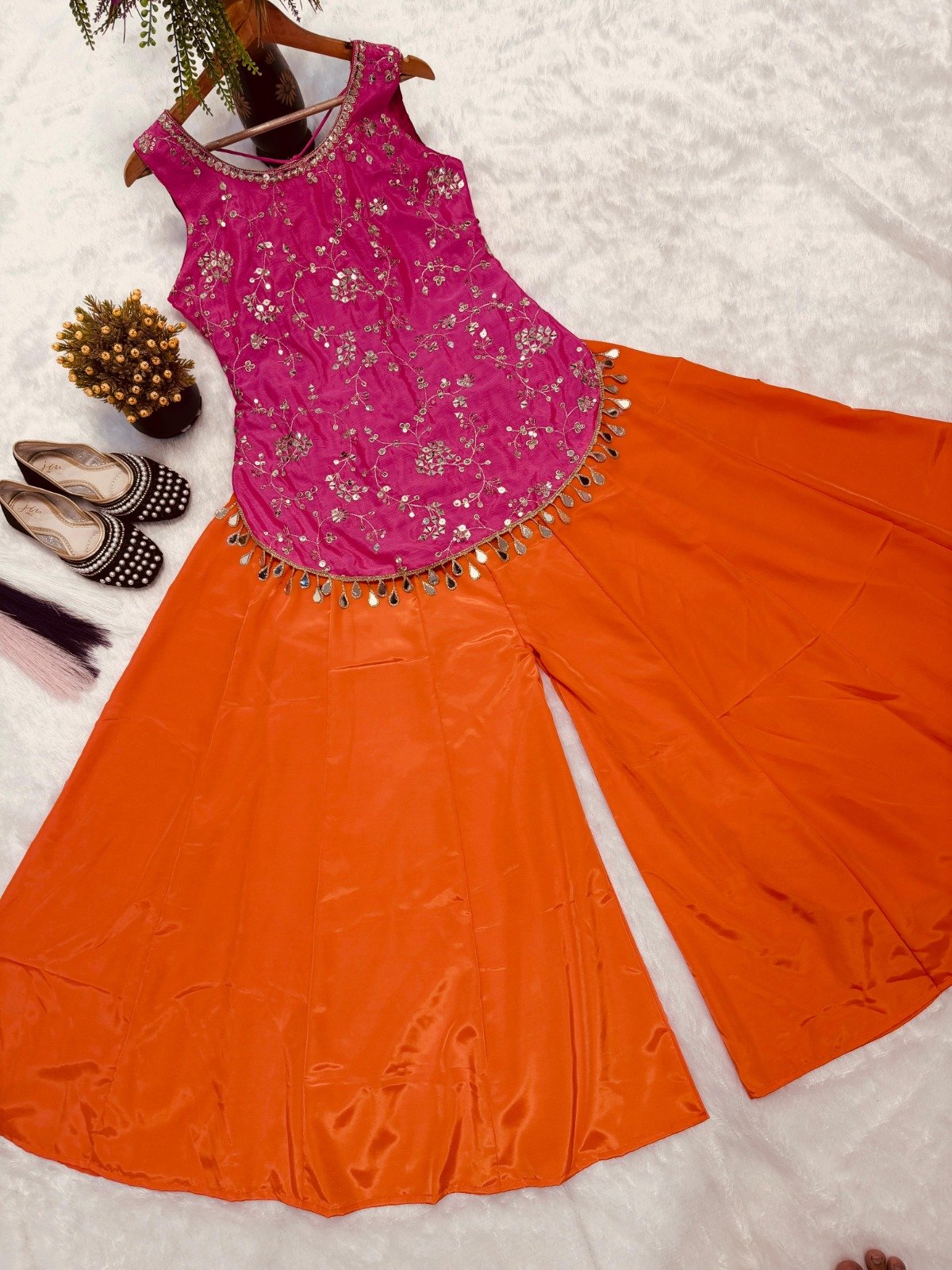 presenting top sharara dupatta set chinon silk with embroidery sequence work presenting top sharara dupatta set chinon silk with embroidery sequence work