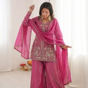 party wear look pur heavy fendy silk top plazzo & dupatta set with embroidery sequence work