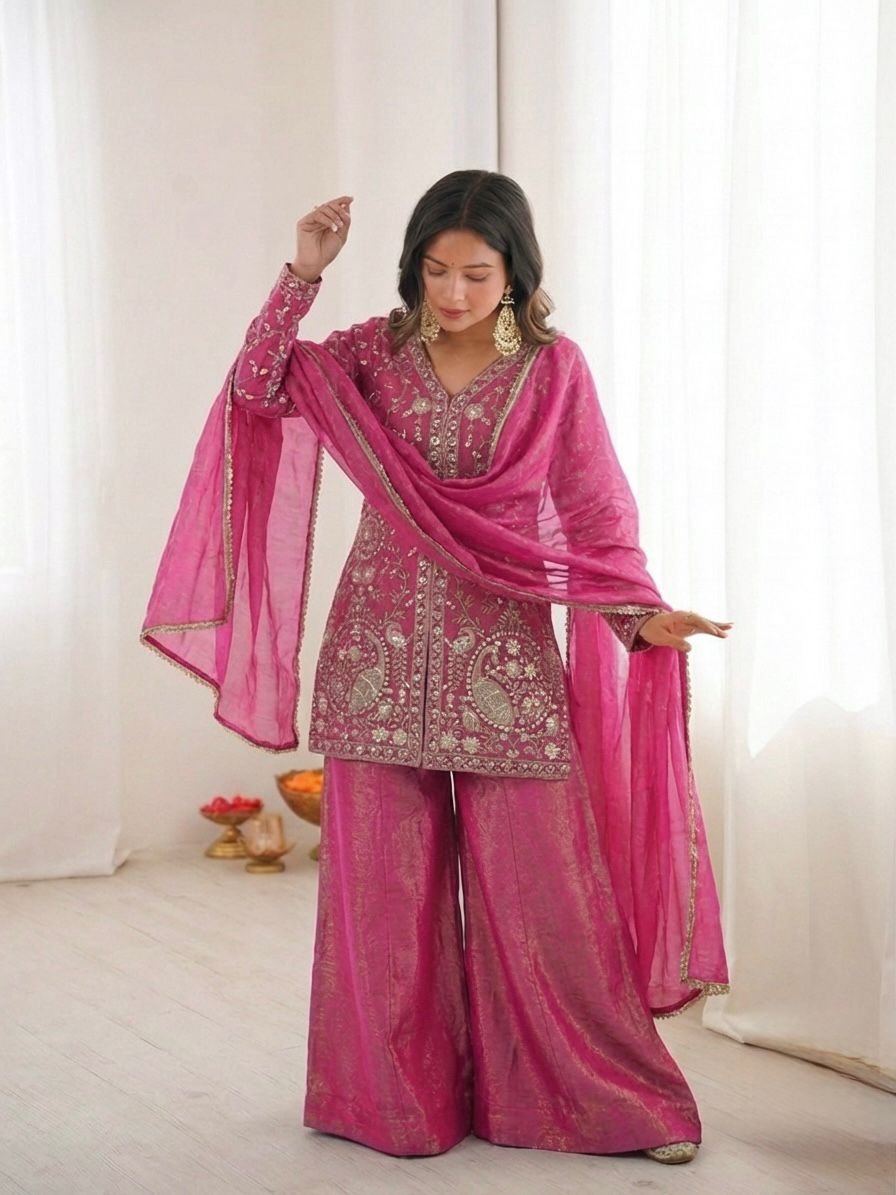 party wear look pur heavy fendy silk top plazzo & dupatta set with embroidery sequence work party wear look pur heavy fendy silk top plazzo & dupatta set with embroidery sequence work