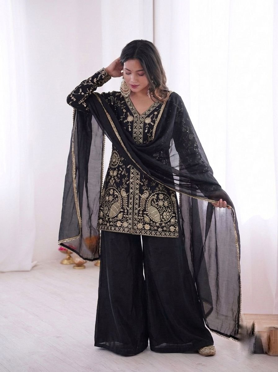 party wear look pur heavy fendy silk top plazzo & dupatta set with embroidery sequence work party wear look pur heavy fendy silk top plazzo & dupatta set with embroidery sequence work