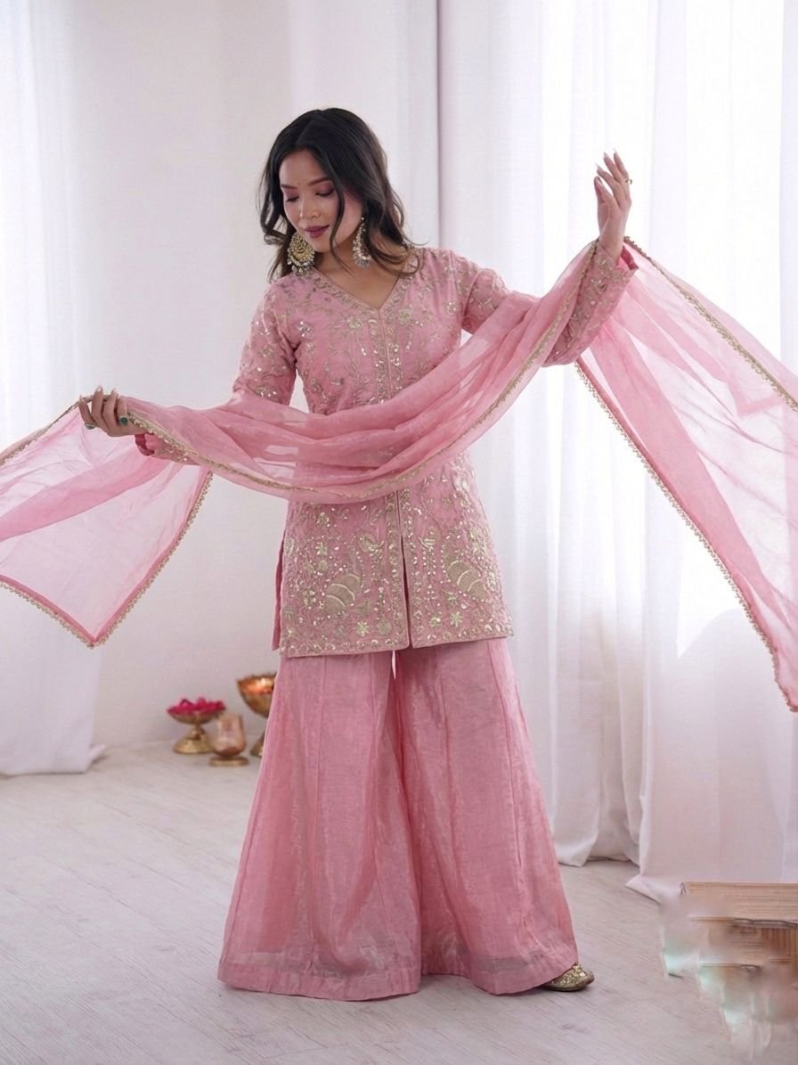party wear look pur heavy fendy silk top plazzo & dupatta set with embroidery sequence work party wear look pur heavy fendy silk top plazzo & dupatta set with embroidery sequence work