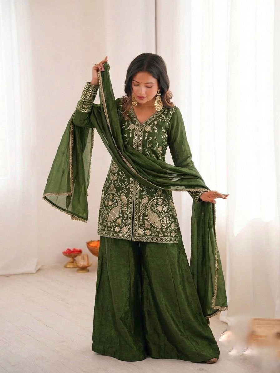 party wear look pur heavy fendy silk top plazzo & dupatta set with embroidery sequence work party wear look pur heavy fendy silk top plazzo & dupatta set with embroidery sequence work