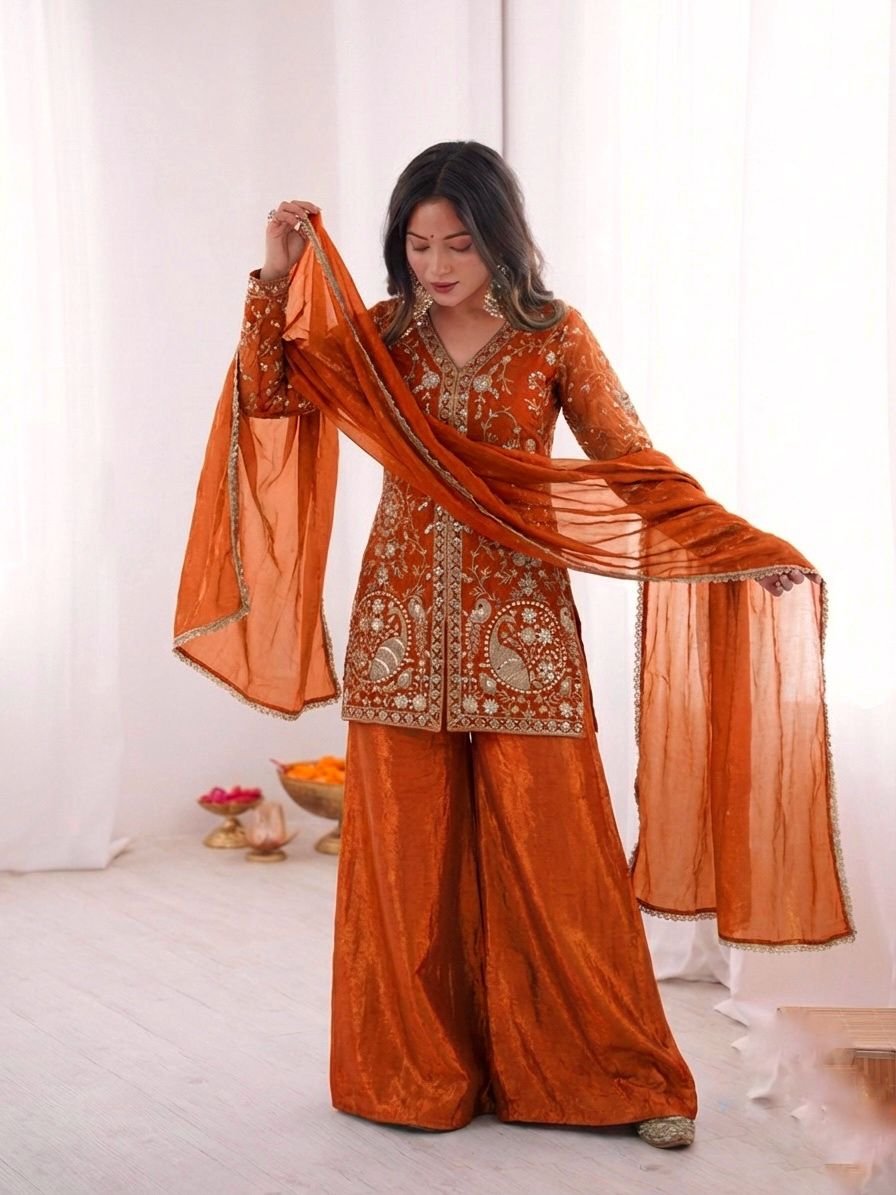 party wear look pur heavy fendy silk top plazzo & dupatta set with embroidery sequence work party wear look pur heavy fendy silk top plazzo & dupatta set with embroidery sequence work