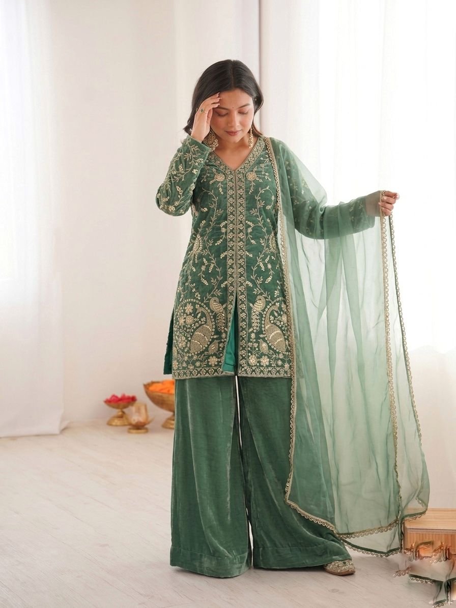 party wear look pur heavy fendy silk top plazzo & dupatta set with embroidery sequence work party wear look pur heavy fendy silk top plazzo & dupatta set with embroidery sequence work