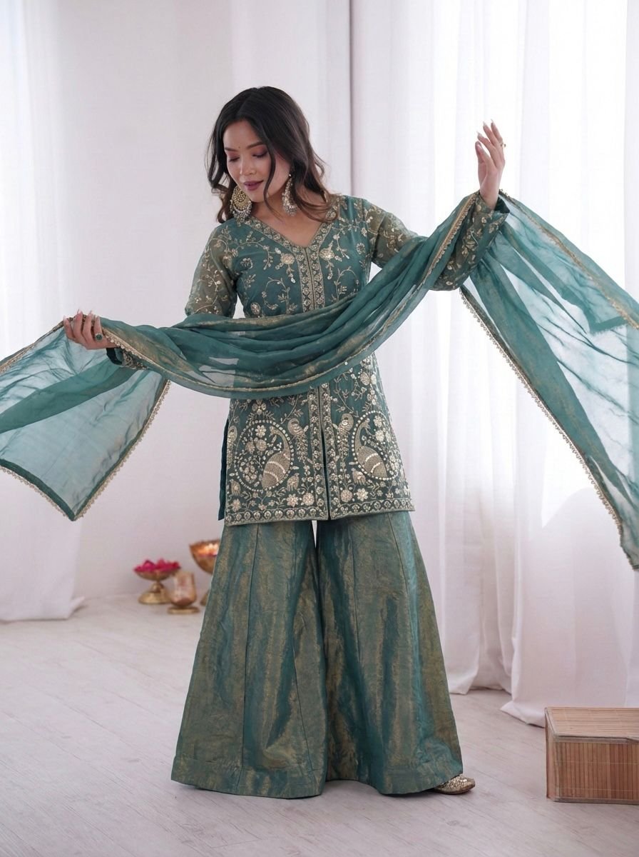 party wear look pur heavy fendy silk top plazzo & dupatta set with embroidery sequence work party wear look pur heavy fendy silk top plazzo & dupatta set with embroidery sequence work