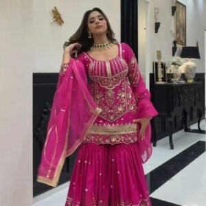 presenting new designer party wear look top sharara plazzo and dupatta set heavy sindoor silk material with sequence embroidery work