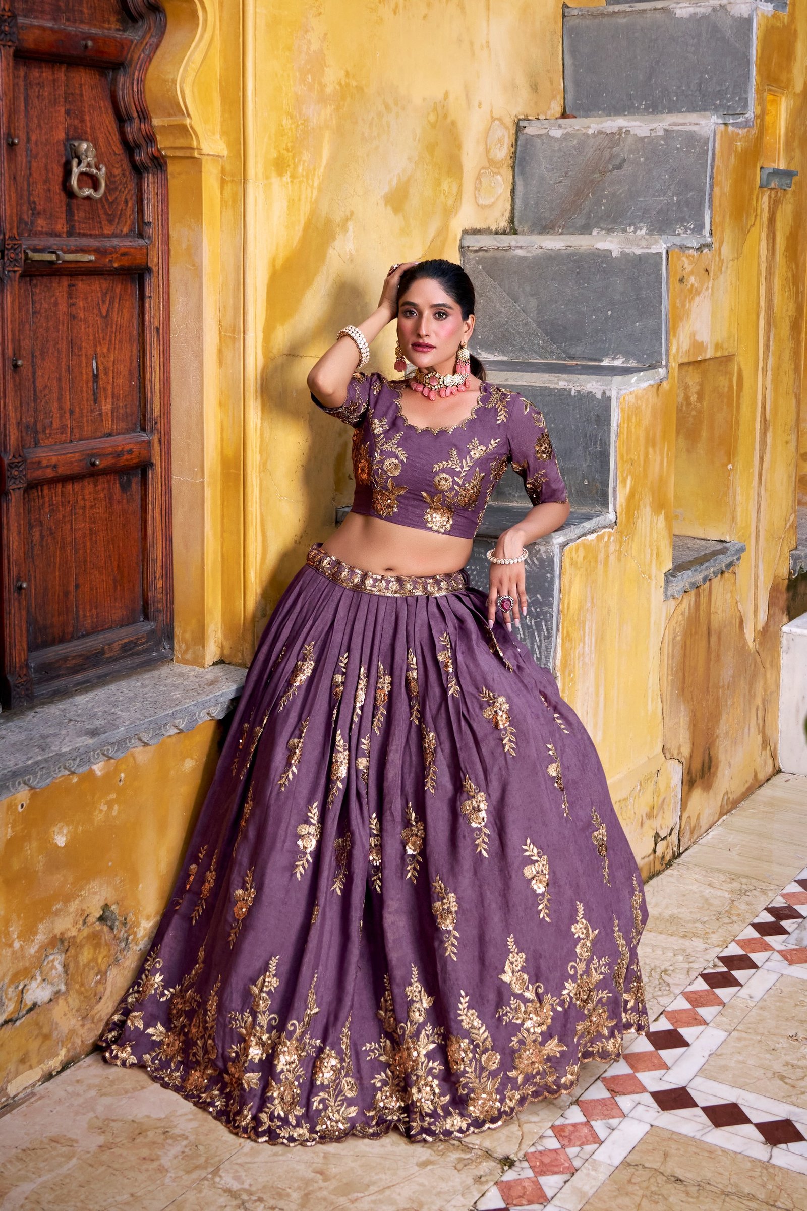 lehenga golden sequins catching the light, thread embroidery detailing every curve lehenga golden sequins catching the light, thread embroidery detailing every curve