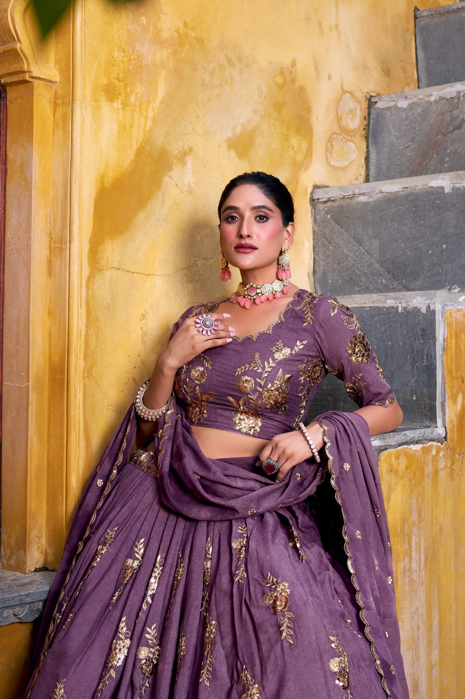 lehenga golden sequins catching the light, thread embroidery detailing every curve lehenga golden sequins catching the light, thread embroidery detailing every curve