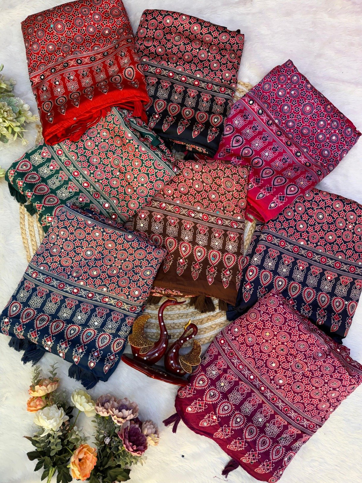presenting most demanding saree heavy japan satin ajarakh print with real mirror work and latkan presenting most demanding saree heavy japan satin ajarakh print with real mirror work and latkan